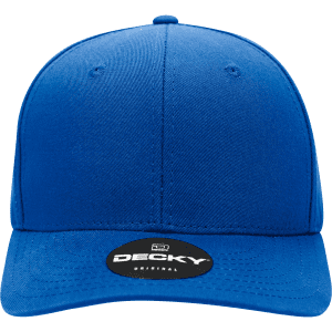 A blue 6-panel mid profile structured cap featuring a logo.