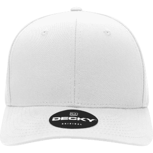 A white structured cap with a mid-profile design and a logo on the front.