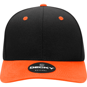 A black and orange structured cap with a mid-profile design and a branded logo on the front underside.