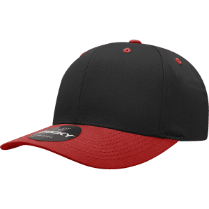 A black and red structured cap featuring a six-panel design and a curved brim. It includes a logo on the side.