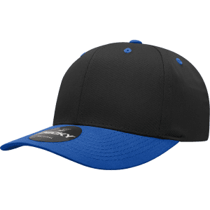 A black cap with a blue peak, featuring a structured design and a branded label.