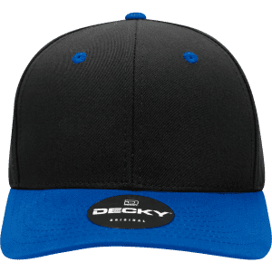 A structured cap featuring a black fabric body and a blue brim, with a logo on the front.