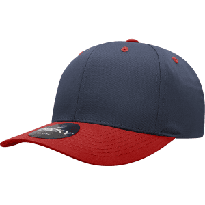 A structured cap featuring a mid-profile design with a grey body and a red brim, complete with a logo on the side.