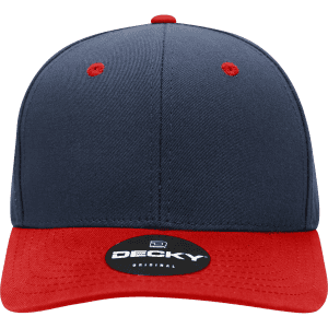 A structured cap in navy blue and red, featuring a logo on the front and a flat brim.