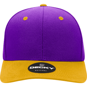 A purple and yellow 6-panel mid-profile structured cap with a logo on the front.