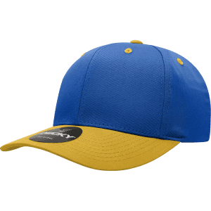 A blue and yellow 6 panel mid profile structured cap with a black logo.
