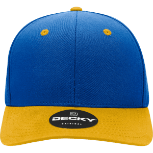 A structured cap featuring a blue body and a yellow brim, with a logo on the front.