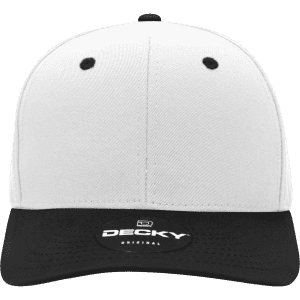 A structured cap featuring a white body and a black visor, with a logo on the front.