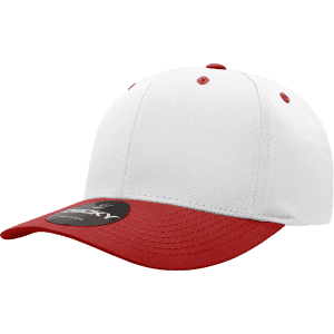 A structured cap featuring a white body and a red peak, with a logo on the front.