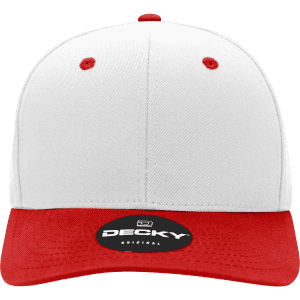 A structured cap featuring a white crown and red brim, with a logo on the front.