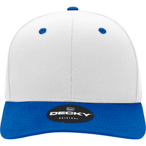 A mid-profile structured cap featuring a white front and a blue peak, with a logo on the front.