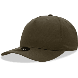 A 5-panel mid-profile structured cap in olive green featuring a logo on the front.