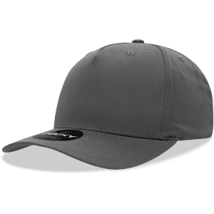 A grey 5 panel mid profile structured cap with a curved brim and a logo on the front.
