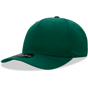 A green 5 panel mid profile structured cap with a curved brim and a logo on the front.