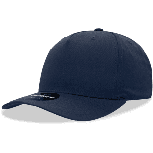 A navy blue 5 Panel Mid Profile Structured Cap with a round logo on the front.