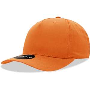 An orange 5 Panel Mid Profile Structured Cap with a logo on the side.