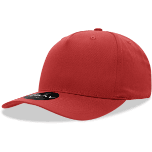 A red 5 panel mid profile structured cap with a curved brim and a logo on the front.