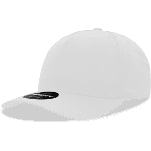 A white 5-panel mid profile structured cap with a round top and a branded logo on the front.