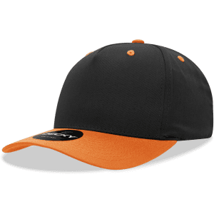 A black and orange 5 panel mid profile structured cap with a branded logo on the front.