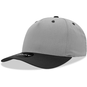 A grey 5 panel mid profile structured cap with a black peak and a logo on the front.