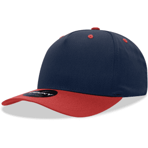 A structured cap featuring a navy blue body and a red peak, with a logo on the side.