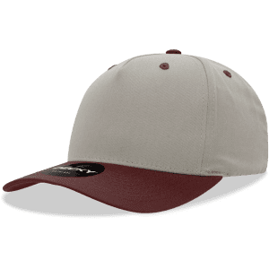 A structured cap featuring a mid-profile design with a grey body and maroon peak, complete with a logo.