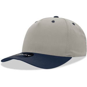 A grey and navy 5 panel mid profile structured cap with a circular logo on the front.