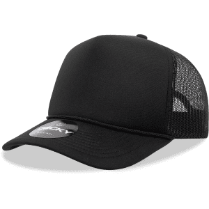 A black foam trucker cap with a structured mid-profile and mesh panels. It includes a logo on the front.