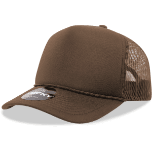 A brown foam trucker cap with mesh panels and a logo on the front.