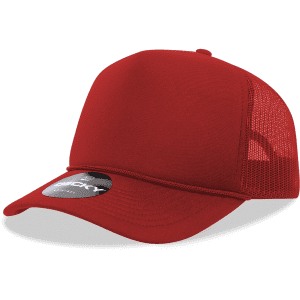 A red 5 panel mid profile structured foam trucker cap with a mesh back and a logo on the side.