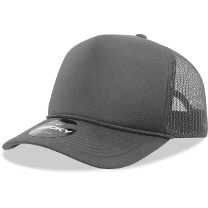 A grey 5 Panel Mid Profile Structured Foam Trucker cap with mesh sides and a logo.