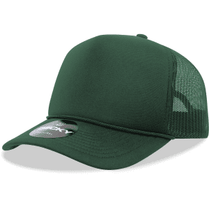 A green 5 Panel Mid Profile Structured Foam Trucker cap with mesh sides and a circular logo on the front.