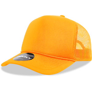 A bright yellow 5-panel mid-profile structured foam trucker cap with a mesh back and a circular logo badge.