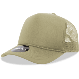A khaki 5 Panel Mid Profile Structured Foam Trucker cap with a mesh back and a logo.