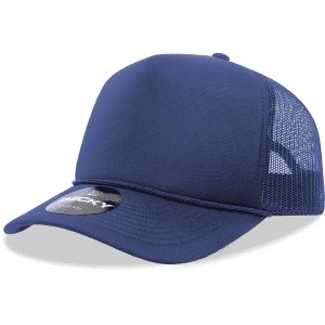 A navy blue 5-panel mid profile structured foam trucker cap with a mesh back and a logo.