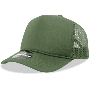 A green 5 Panel Mid Profile Structured Foam Trucker cap with a mesh back and a circular logo.