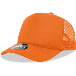 An orange 5 Panel Mid Profile Structured Foam Trucker cap with a mesh back and a branded tag.