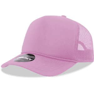 A pink 5 Panel Mid Profile Structured Foam Trucker cap with a mesh back and a logo present.