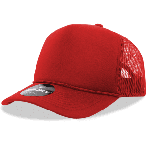 A red 5 panel mid profile structured foam trucker cap with a mesh back and a logo on the front.