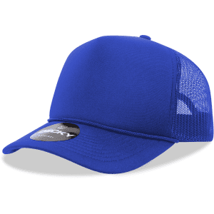 A blue 5 Panel Mid Profile Structured Foam Trucker cap with a mesh back and a circular logo.