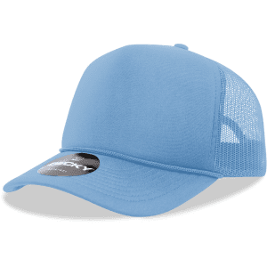 A light blue 5 panel mid profile structured foam trucker cap with mesh side panels and a branded label.