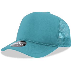 A turquoise 5 Panel Mid Profile Structured Foam Trucker cap with mesh sides and a branded tag.