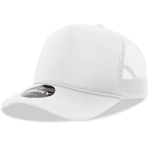 A white 5-panel mid-profile structured foam trucker cap with mesh sides and a branded logo on the front.