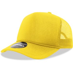 A yellow 5 panel mid-profile structured foam trucker cap with a mesh back and a logo on the side.