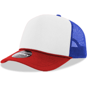 A structured foam trucker cap featuring a white front, red brim, and blue mesh sides. Includes a logo.