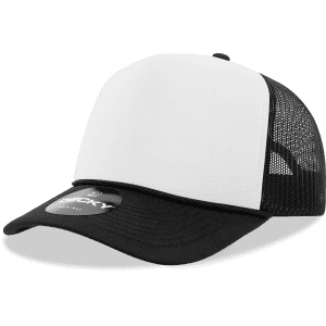 A black and white 5 Panel Mid Profile Structured Foam Trucker cap with a mesh back and a logo.