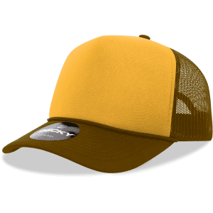 A yellow and brown foam trucker cap with a structured design and mesh panels. It features a logo on the front.