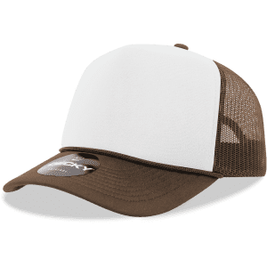 A brown and white 5-panel mid-profile structured foam trucker cap with a mesh back and a logo on the front.
