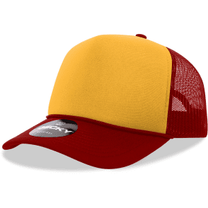 A structured foam trucker cap in yellow and red with a mesh back and a logo on the front.