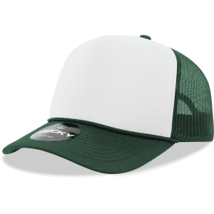 A green and white 5 Panel Mid Profile Structured Foam Trucker cap with a mesh back and a logo on the front.